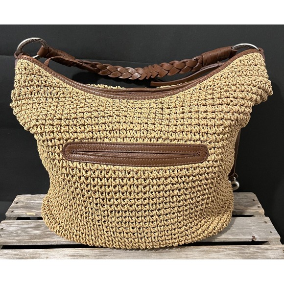 Brighton Woven Straw Hobo Shoulder Bag Womens Tan Brown Leather Tassel Boho - Picture 8 of 16